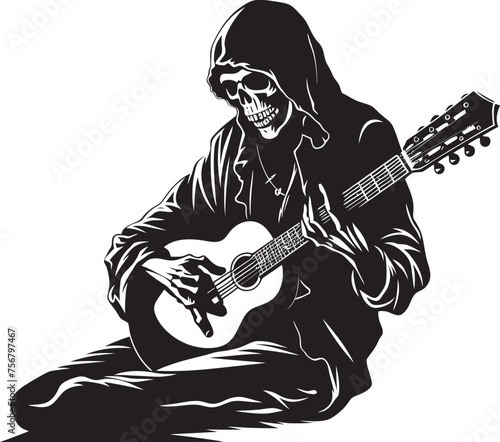 Bony Ballads: Skeleton with Guitar Black Logo Icon Design Guitarist of the Dead: Skeleton Vector Black Logo