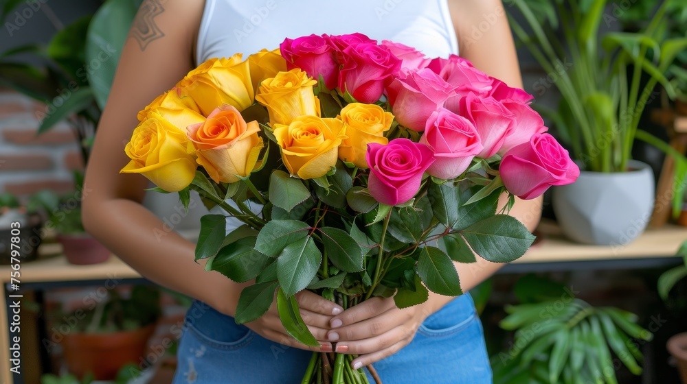 Close up of woman s hands holding vibrant bouquet of colorful roses, beautiful floral arrangement Close up of woman s hands holding vibrant bouquet of colorful roses, beautiful floral arrangement