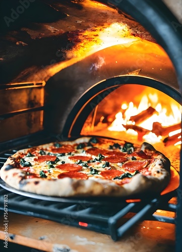 Tasty homemade pizza cooking in an oven 