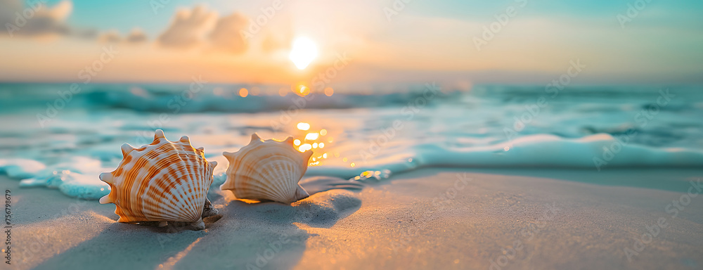 Close-up of seashells on the sand against the background of the sky and ocean in the gentle rays of the setting sun ,the concept of tourism,travel,beach holidays,spa industry,relaxation Close-up of seashells on the sand against the background of the sky and ocean in the gentle rays of the setting sun ,the concept of tourism,travel,beach holidays,spa industry,relaxation