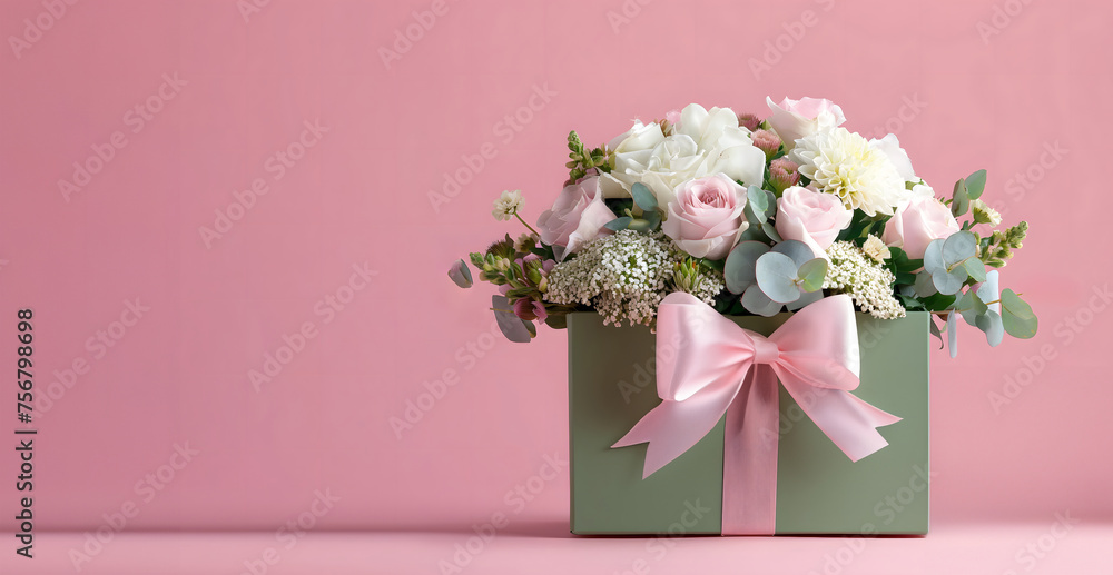 gift rectangular flower box decorated bow with brassica,trachelium,dianthus,eucalyptus,lisianthus,sedum,dahlia,pink background,copy space,floristry concept,greeting and festive materials,floral design