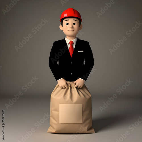 boss man construction worker with red helmet and suit cartoon style drawing with bag, mockup