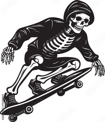 Rad Remains: Skeleton Skateboarder Black Logo Design Ollie Ossuary: Skeleton on Skateboard Vector Icon