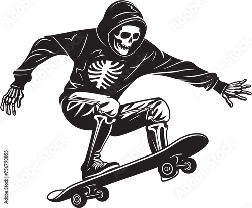 Spine Chiller: Skeleton on Skateboard Black Logo Icon Rad Remains: Skeleton Skateboarder Black Logo Design
