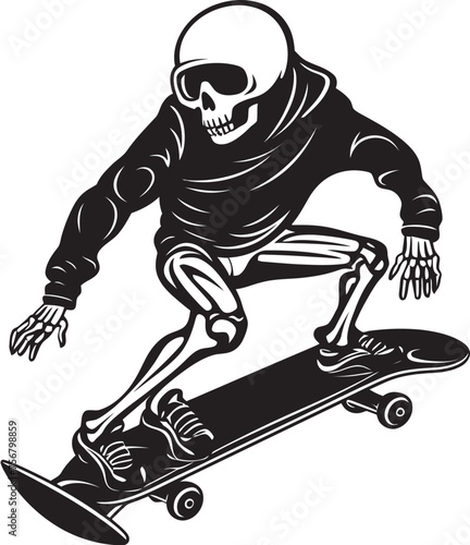 Spine Thrasher: Skeleton on Skateboard Black Logo Icon Design Rad Remains: Skeleton Riding Skateboard Vector Black Logo