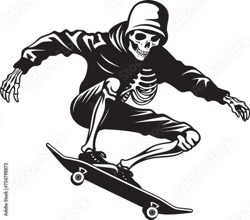 Rad Remains: Skeleton Skateboarder Black Logo Design Ollie Ossuary: Skeleton on Skateboard Vector Icon