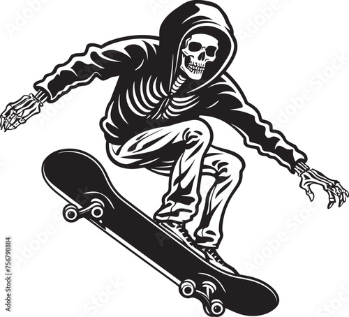 Rad Remains: Skeleton Skateboarder Black Logo Design Ollie Ossuary: Skeleton on Skateboard Vector Icon