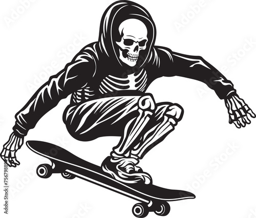 Rad Remains: Skeleton Riding Skateboard Vector Black Logo Ollie Ossuary: Skeleton on Skateboard Black Logo Design