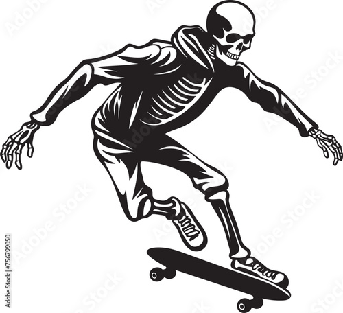 Skeletal Shred: Skateboard Skeleton Black Logo Design Bone Rider: Skeleton on Skateboard Vector Icon © BABBAN