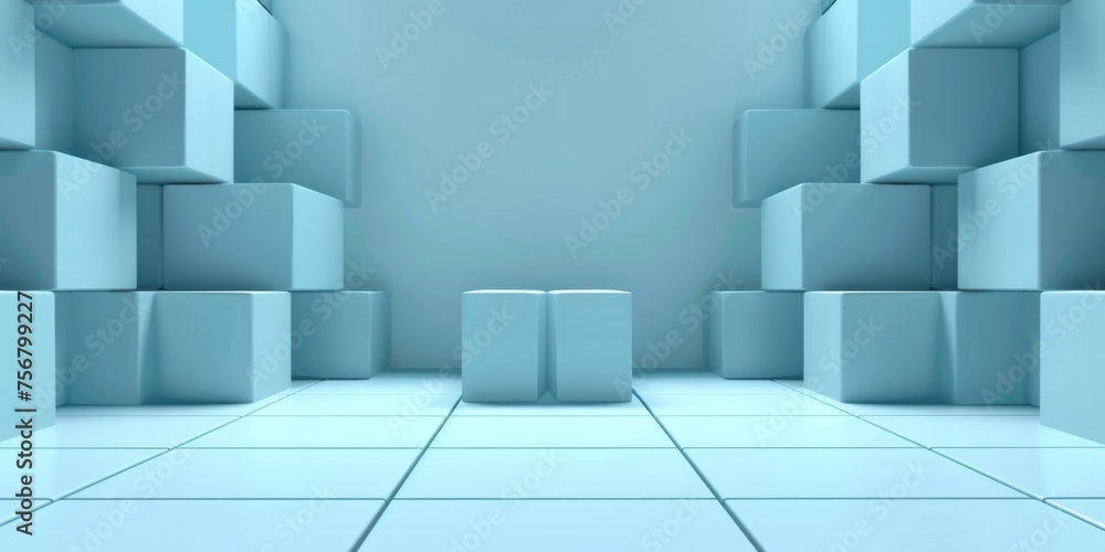 A blue room with white walls and blue cubes - stock background. A blue room with white walls and blue cubes - stock background.