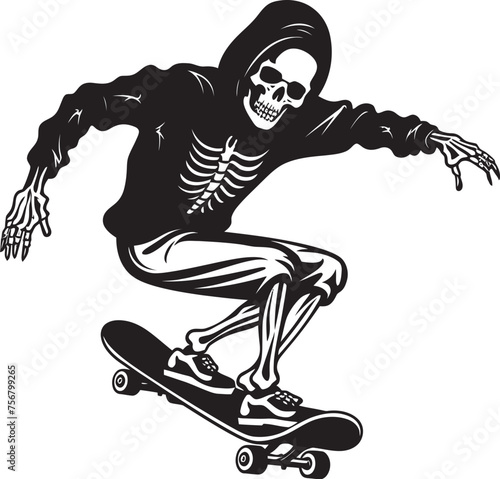 Skater's Shadow: Skeleton Riding Skateboard Black Logo Icon Radical Remains: Skeleton on Skateboard Black Logo Design