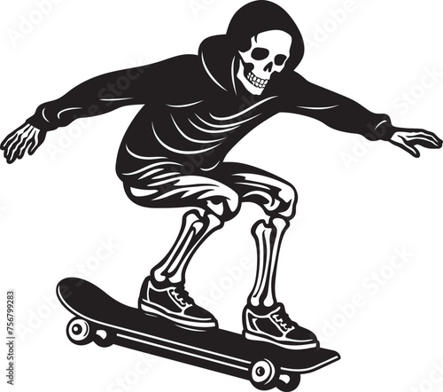 Skater's Shadow: Skateboarding Skeleton Black Icon Design Radical Remains: Skeleton on Skateboard Vector Black Logo