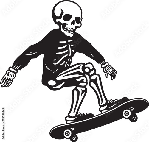 Spine Thrasher: Skeleton on Skateboard Black Logo Icon Design Rad Remains: Skeleton Riding Skateboard Vector Black Logo