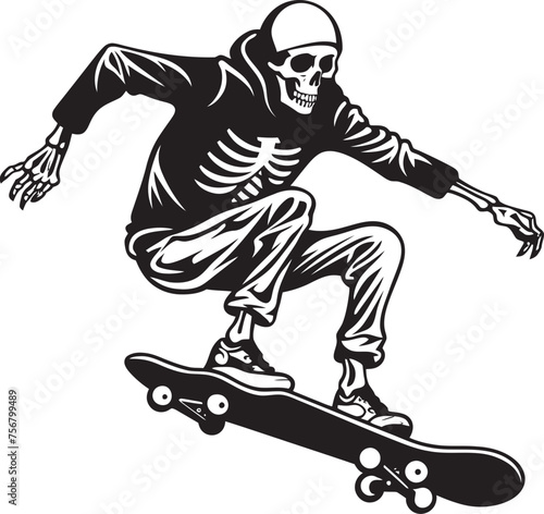 Rad Remains: Skeleton Riding Skateboard Vector Black Logo Ollie Ossuary: Skeleton on Skateboard Black Logo Design