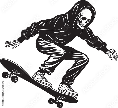 Skully Shred: Skeleton on Skateboard Black Logo Design Spine Chiller: Skateboarder Skeleton Black Icon