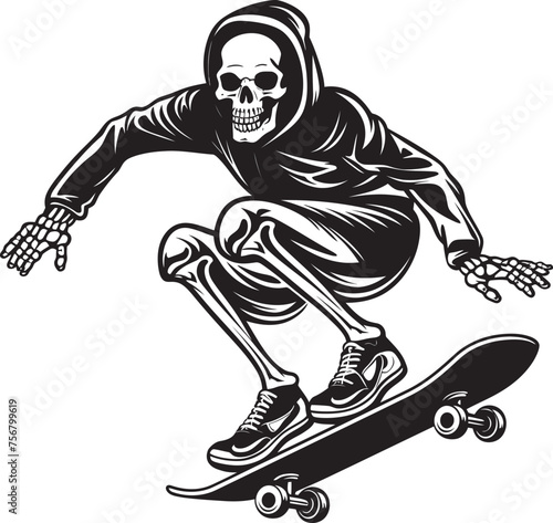 Rad Remains: Skeleton Riding Skateboard Vector Black Logo Ollie Ossuary: Skeleton on Skateboard Black Logo Design