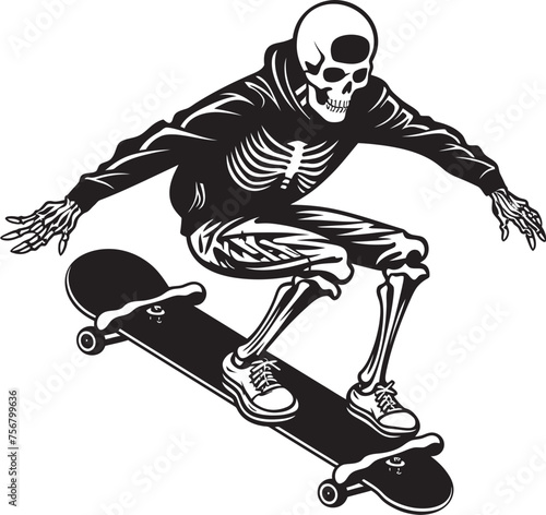 Spine Thrasher: Skeleton on Skateboard Black Logo Icon Design Rad Remains: Skeleton Riding Skateboard Vector Black Logo