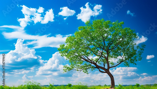 Beautiful spring tree branches with young leaves on the blue sky background clouds ecological earth day hour floral banner