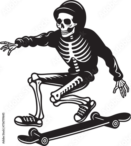 Rad Remains: Skeleton Riding Skateboard Vector Black Logo Ollie Ossuary: Skeleton on Skateboard Black Logo Design