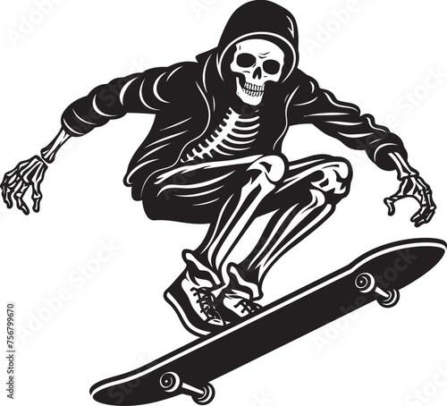 Rad Remains: Skeleton Riding Skateboard Vector Black Logo Ollie Ossuary: Skeleton on Skateboard Black Logo Design