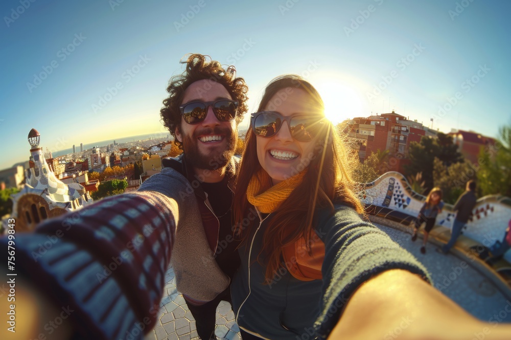 Travel couple happy making selfie portrait with smartphone in Park Guell, Barcelona, Spain. content. - obrazy, fototapety, plakaty 