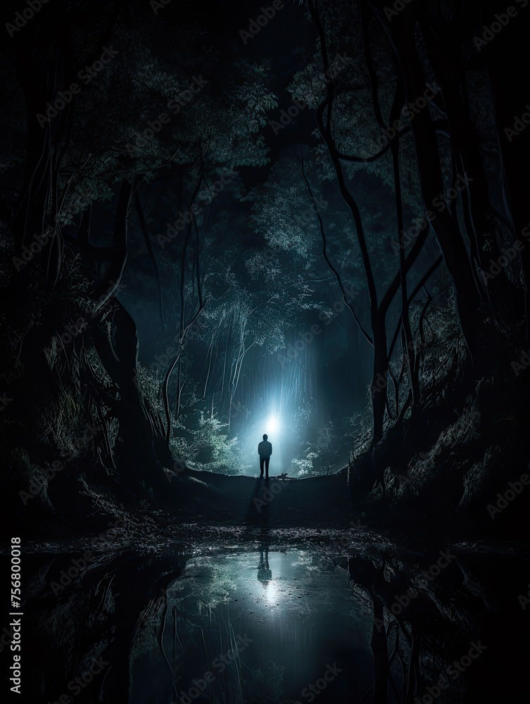 cinematic scene of a scary forest in the night. horror image with dark silhouette. 