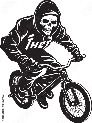 Ghostly Grind: Skeleton BMX Rider Vector Design Spooky Spin: Skeleton Performing Tricks on BMX Black Icon