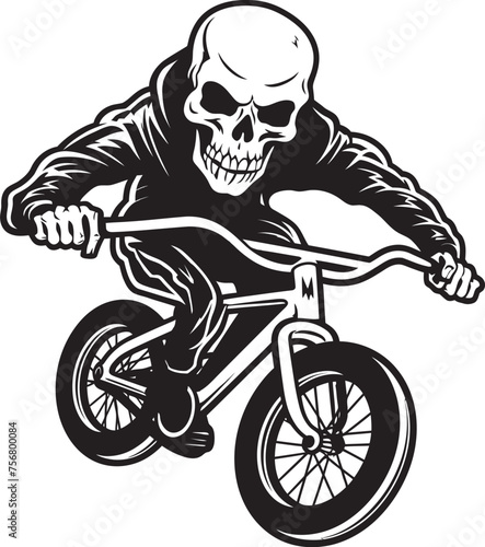 Ghostly Grind: Skeleton BMX Rider Vector Design Spooky Spin: Skeleton Performing Tricks on BMX Black Icon