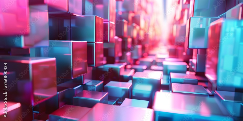 Fototapeta premium A series of cubes in a room with a blue and red color scheme - stock background.