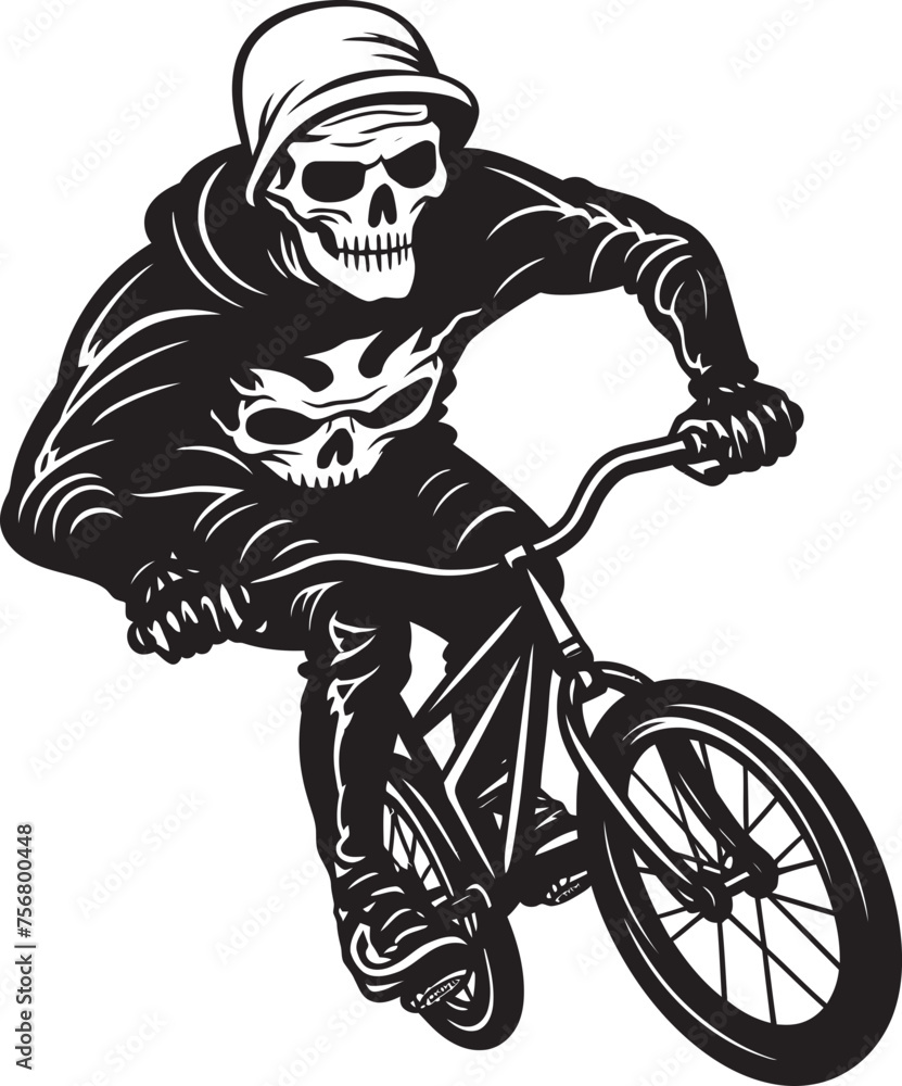 Fototapeta premium SkeletoBike: Skeleton BMX Cyclist Black Icon Bone Biker: Skeleton on BMX Cycle Black Logo Icon