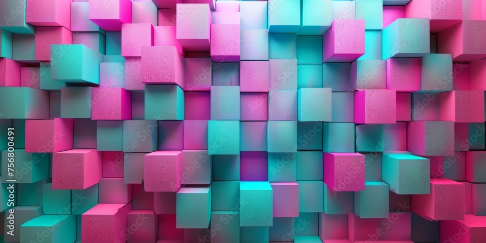 A colorful wall made of pink and blue cubes - stock background. A colorful wall made of pink and blue cubes - stock background.