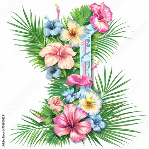 number 1 on a white background. Bouquet. Flowers. Postcard. Exotic tropical plants. Hibiscus