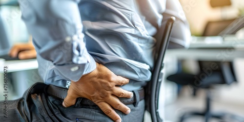 Person in office chair clutching lower back in discomfort and pain. Concept Office workspace, Back pain, Uncomfortable sitting, Desk ergonomics, Workplace injuries