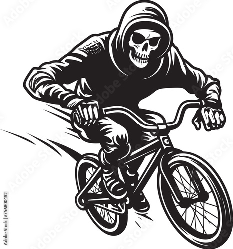 SkeletoBike: Skeleton BMX Cyclist Black Icon Bone Biker: Skeleton on BMX Cycle Black Logo Icon