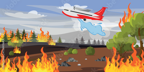 Vector illustration of extinguishing a fire by plane.Cartoon scene of a landscape with Christmas trees, trees, bushes, stones, fire, an airplane that sprays water to put out a fire, a sky with clouds.