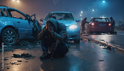 A shaken person involved in a car accident sits at the scene of the accident and is distraught photo