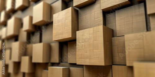 A wall made of wooden blocks in a room - stock background.