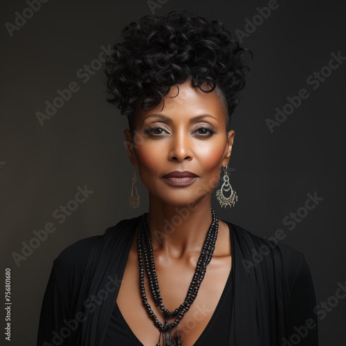 Studio capture showcasing a graceful mature black woman with a chignon hairstyle, making eye contact with the camera on a gray backdrop