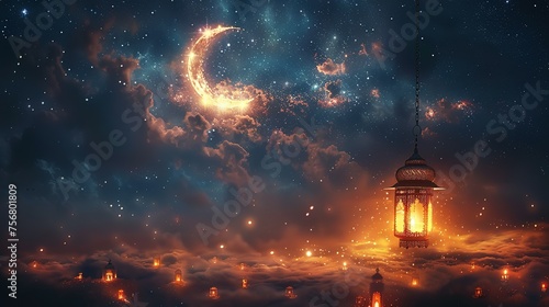 Ramadan Kareem illustration banner background with Islamic Crescent and lantern and written Ramadan Kareem photo