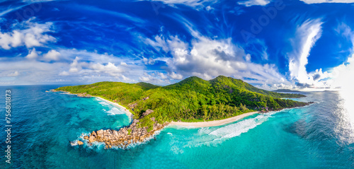 Seychelles, Africa. Panoramic aerial view of La Digue Island on a sunny day © jovannig