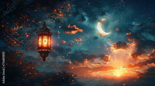 Ramadan Kareem illustration banner background with Islamic Crescent and lantern and written Ramadan Kareem © Jennifer