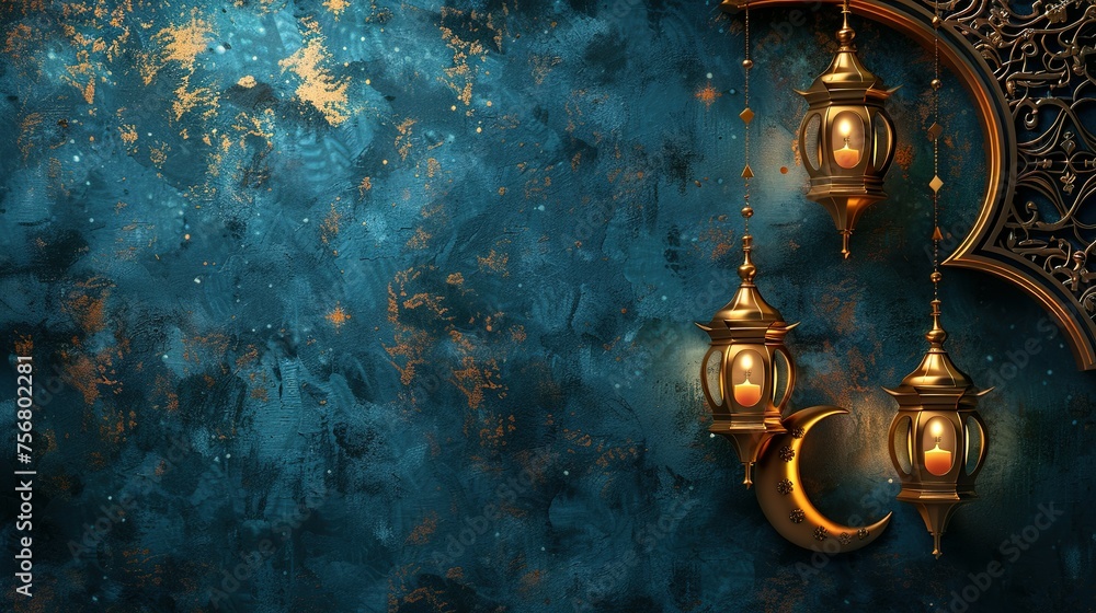 Ramadan Kareem illustration banner background with Islamic Crescent and lantern and written Ramadan Kareem - obrazy, fototapety, plakaty 