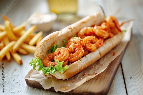 Delicious Fried Shrimp Po Boy Sandwich and French Fries on a Wooden Table photo