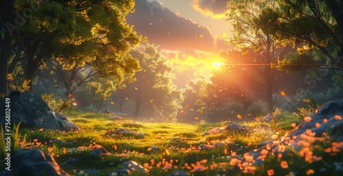 A magical sunrise filters through a lush forest  casting a warm glow with leaves gently falling around.