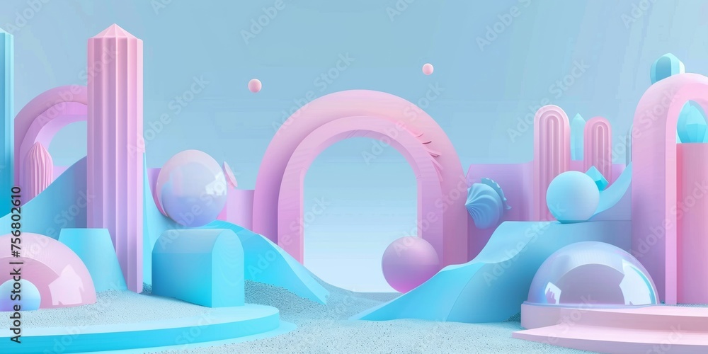 A colorful, futuristic cityscape with pink and blue buildings and a pink archway - stock background. A colorful, futuristic cityscape with pink and blue buildings and a pink archway - stock background.