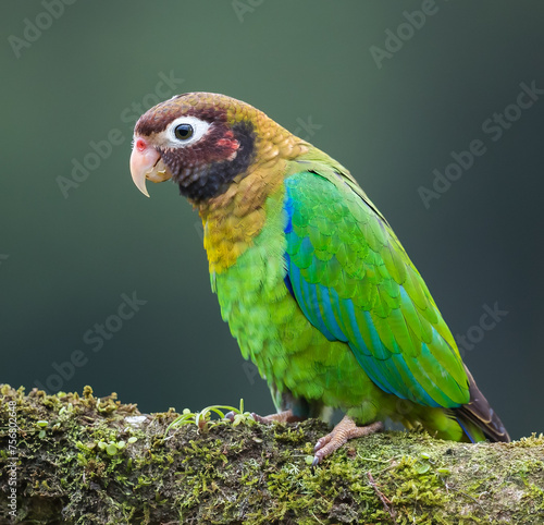 Brown-hooded parrot (Pyrilia haematotis) sitting on a tree branch facing left .tif photo