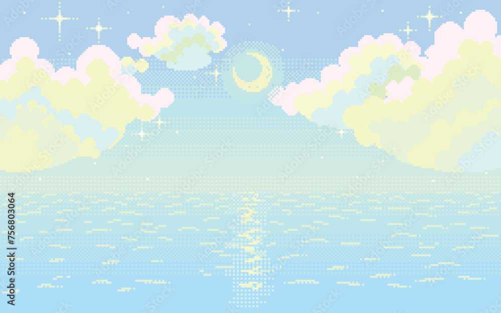 Fototapeta premium (pixel art)穏やかな海と幻想的に星と月が輝く夜空のドット絵風景画