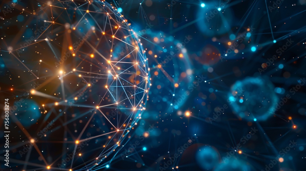 3D model of interconnected spheres and lines forming a complex glowing network against a dark 3D model of interconnected spheres and lines forming a complex glowing network against a dark
