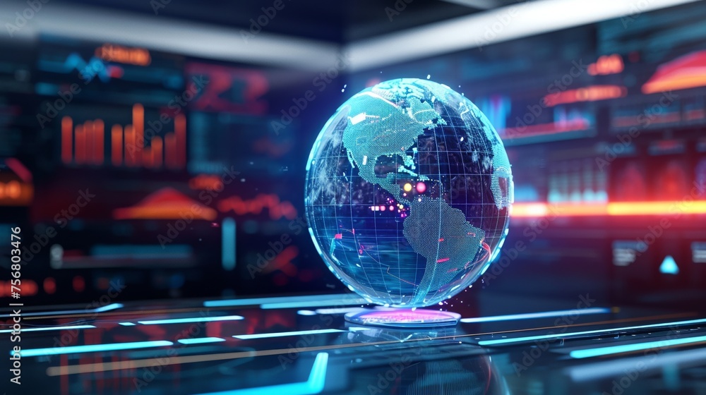 A 3D visualization of an app interface showing a dynamic interactive globe with real-time environmental data and impacts of climate change A 3D visualization of an app interface showing a dynamic interactive globe with real-time environmental data and impacts of climate change
