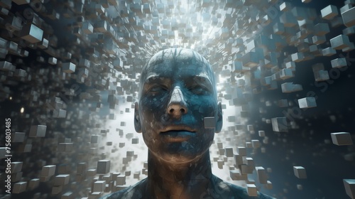 A detailed 3D scene of a transparent human head filled with floating puzzle pieces each piece moving to connect with others